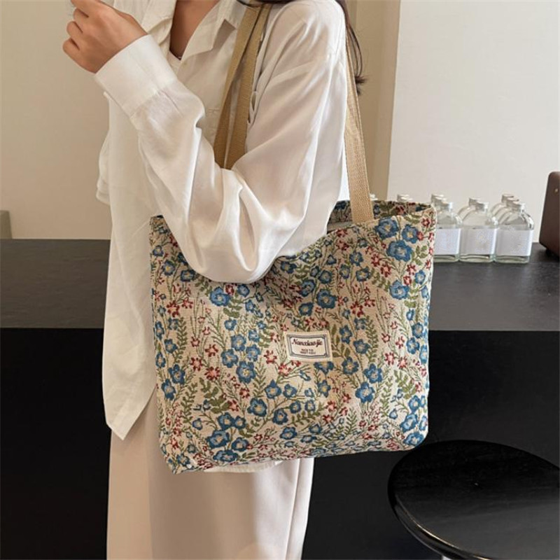 Women'S Tote Bags For Work - Embroidery Floral Canvas Handbags Delicate Blossom